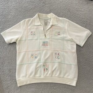 Koret Francisca 1/4 Zip Polo Sweater Large Knit Embroidered Collared Cottagecore